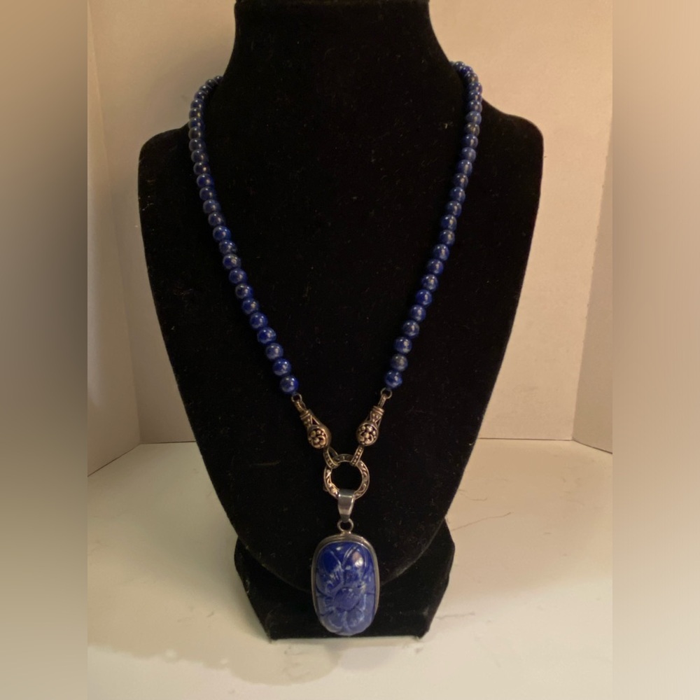 Vintage Lapis Lazuli Bead & Oxidized 925 Sterling 20" Necklace with Drop Pendant